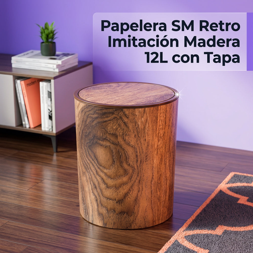 Papelera retro con diseño imitación madera. Fabricada en plástico PP.
